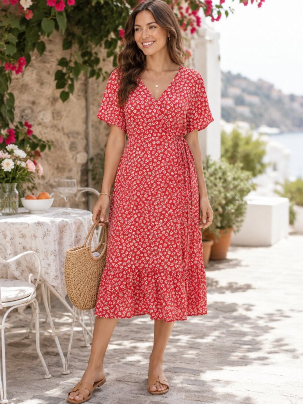 Old Navy‎ Red Ditsy Floral Linen Blend Dolman Wrap Midi Dress Small Cottagecore